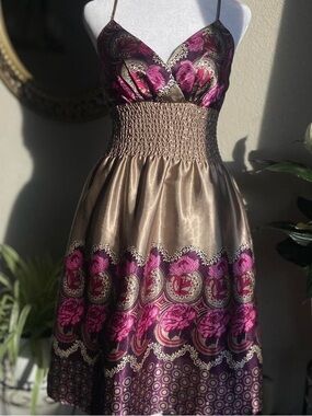 Romy Satin Midi Dress in Brown with Magenta Floral Print